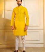 Yellow color stylish woven butti textured premium kurta payjama for men's