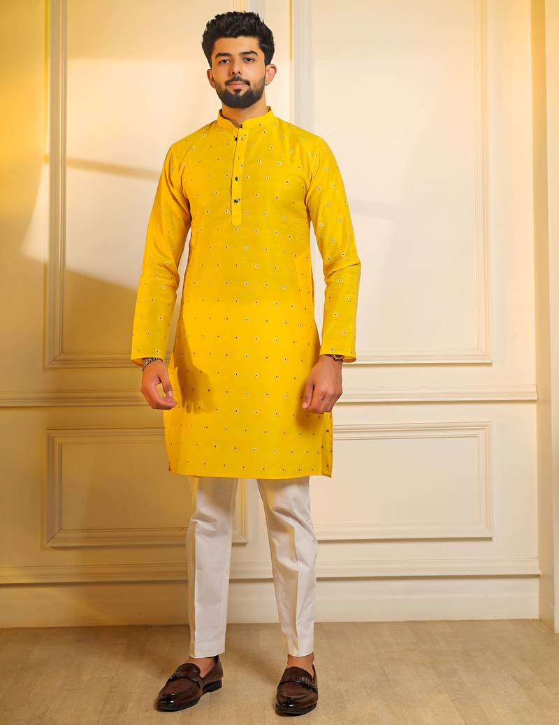 Yellow color stylish woven butti textured premium kurta payjama for men's