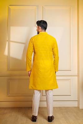 Yellow color stylish woven butti textured premium kurta payjama for men's 2