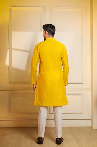Yellow color stylish woven butti textured premium kurta payjama for men's