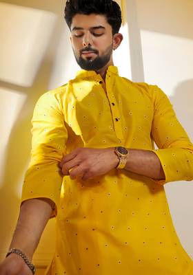 Yellow color stylish woven butti textured premium kurta payjama for men's 3