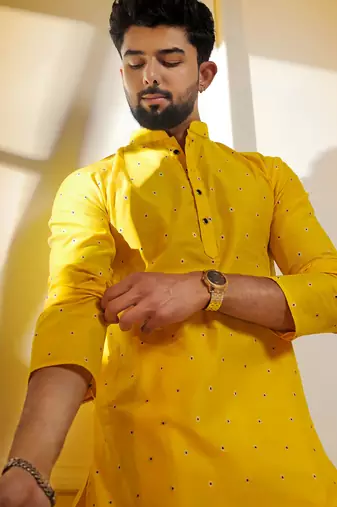 Yellow color stylish woven butti textured premium kurta payjama for men's