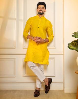 Yellow color stylish woven butti textured premium kurta payjama for men's 4
