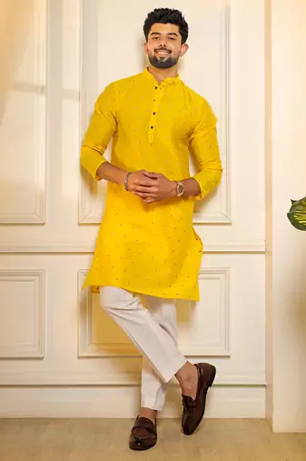 Yellow color stylish woven butti textured premium kurta payjama for men's