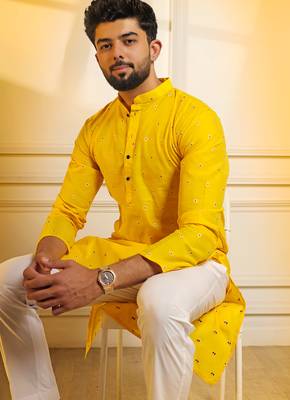 Yellow color stylish woven butti textured premium kurta payjama for men's 5