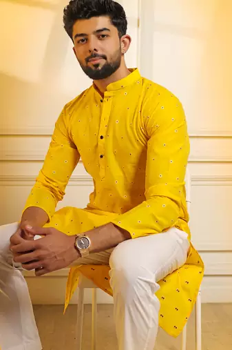 Yellow color stylish woven butti textured premium kurta payjama for men's