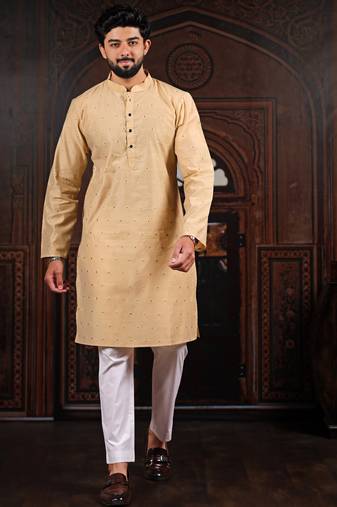 Chiku color stylish woven butti textured premium kurta payjama for men's