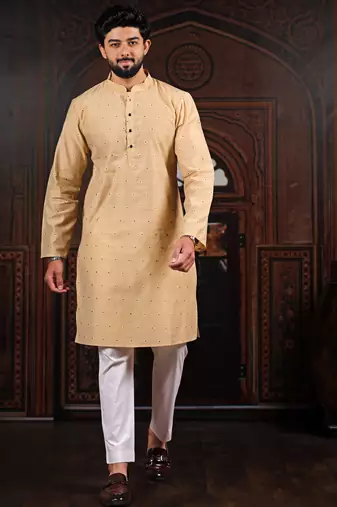 Chiku color stylish woven butti textured premium kurta payjama for men's