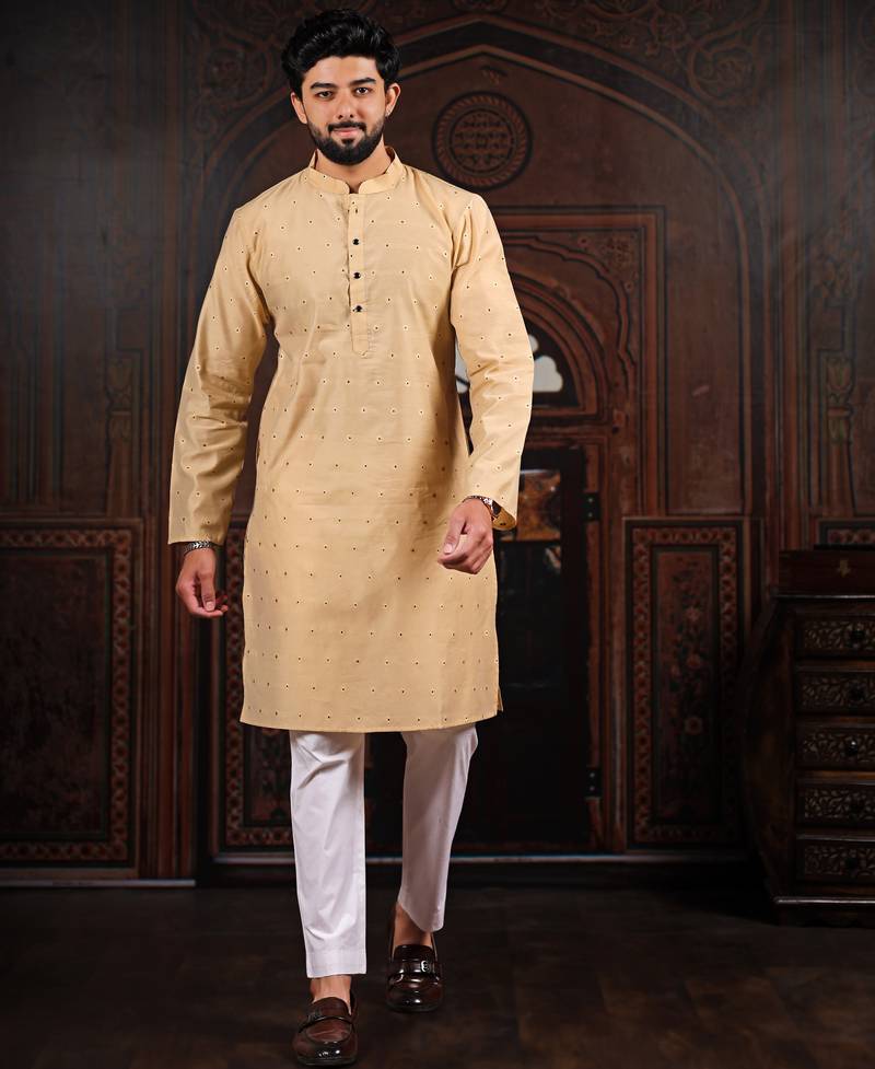 Chiku color stylish woven butti textured premium kurta payjama for men's