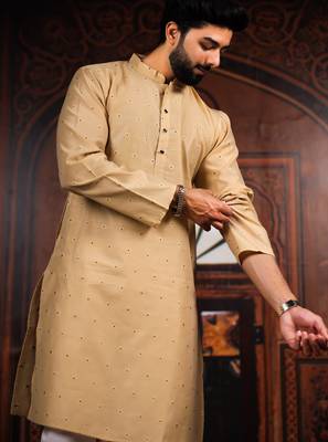 Chiku color stylish woven butti textured premium kurta payjama for men's 3
