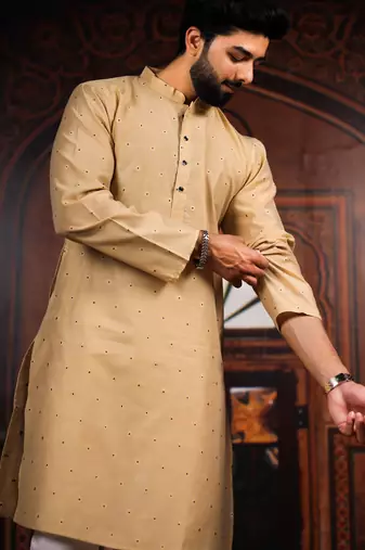 Chiku color stylish woven butti textured premium kurta payjama for men's
