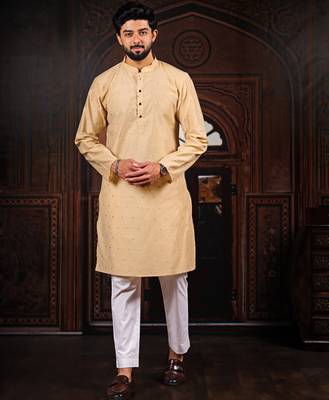 Chiku color stylish woven butti textured premium kurta payjama for men's 4