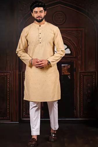 Chiku color stylish woven butti textured premium kurta payjama for men's