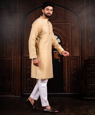 Chiku color stylish woven butti textured premium kurta payjama for men's 5