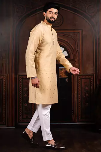 Chiku color stylish woven butti textured premium kurta payjama for men's