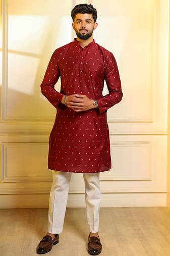 Maroon color stylish woven butti textured premium kurta payjama for men's