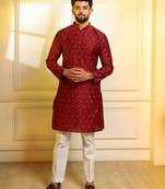 Maroon color stylish woven butti textured premium kurta payjama for men's