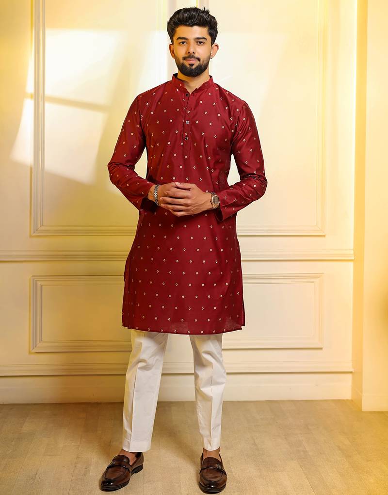 Maroon color stylish woven butti textured premium kurta payjama for men's