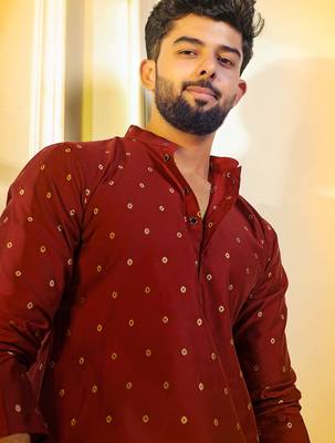 Maroon color stylish woven butti textured premium kurta payjama for men's 3