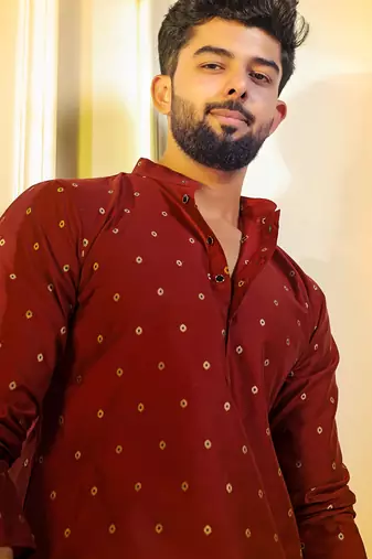 Maroon color stylish woven butti textured premium kurta payjama for men's