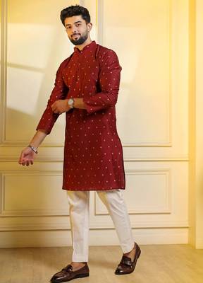 Maroon color stylish woven butti textured premium kurta payjama for men's 4
