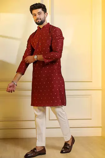 Maroon color stylish woven butti textured premium kurta payjama for men's