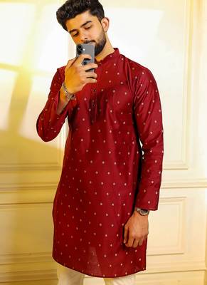 Maroon color stylish woven butti textured premium kurta payjama for men's 5