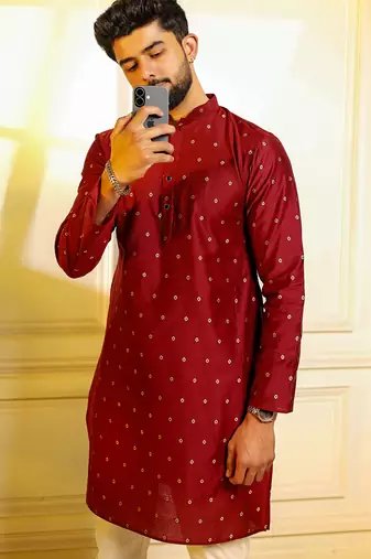 Maroon color stylish woven butti textured premium kurta payjama for men's