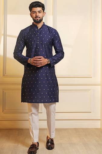 Blue color stylish woven butti textured premium kurta payjama for men's