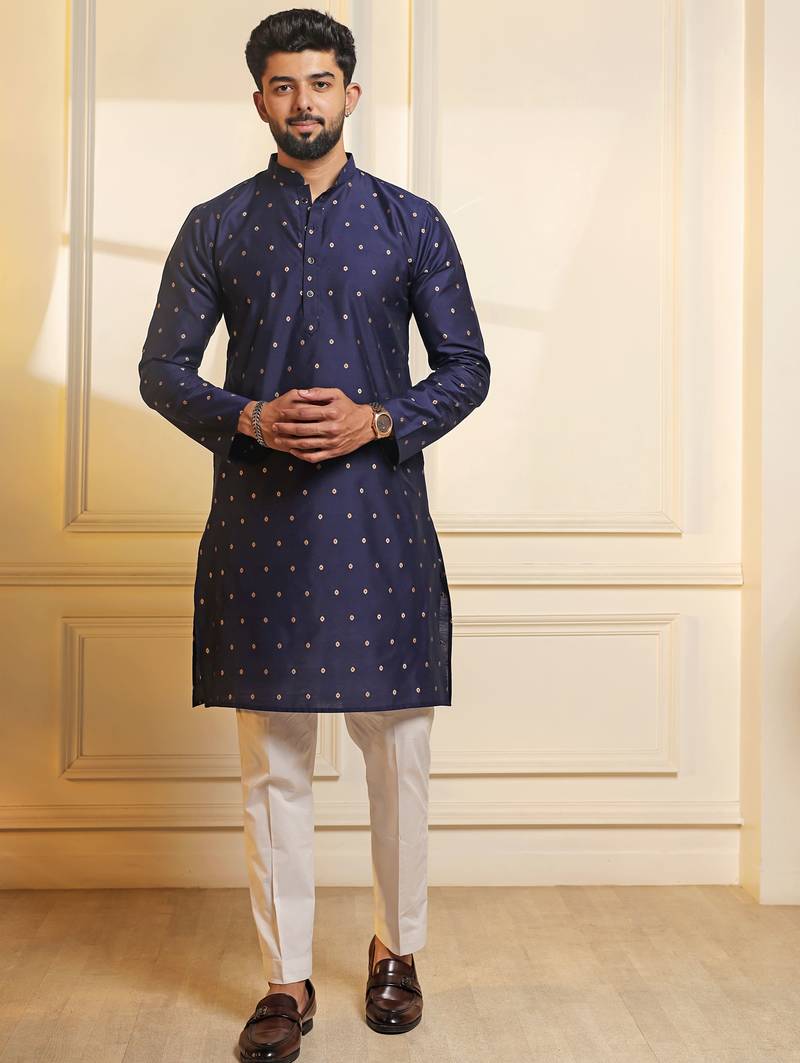 Blue color stylish woven butti textured premium kurta payjama for men's
