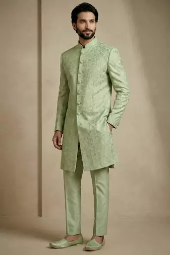 green donier jacquard premium designer festive wear indo western set
