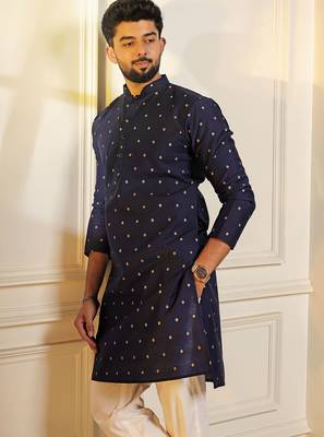 Blue color stylish woven butti textured premium kurta payjama for men's 3