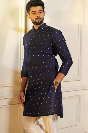 Blue color stylish woven butti textured premium kurta payjama for men's