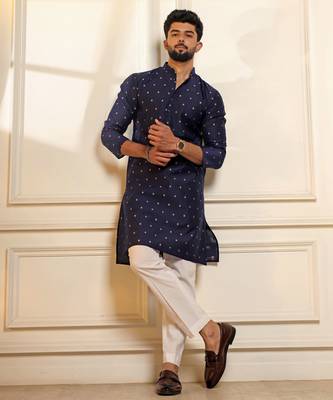 Blue color stylish woven butti textured premium kurta payjama for men's 4