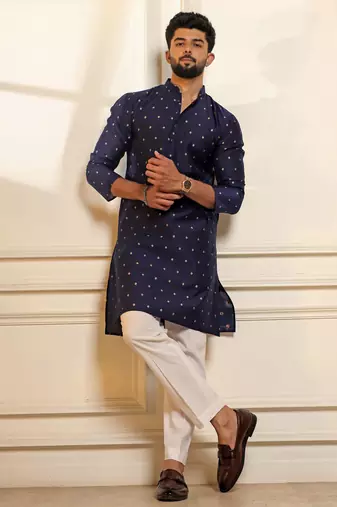 Blue color stylish woven butti textured premium kurta payjama for men's