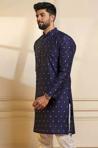 Blue color stylish woven butti textured premium kurta payjama for men's