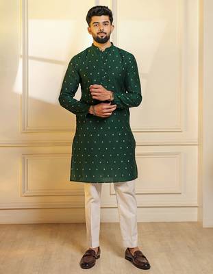Green color stylish woven butti textured premium kurta payjama for men's 1