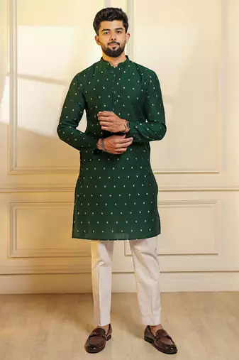 Green color stylish woven butti textured premium kurta payjama for men's