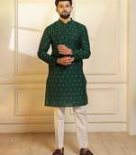 Green color stylish woven butti textured premium kurta payjama for men's
