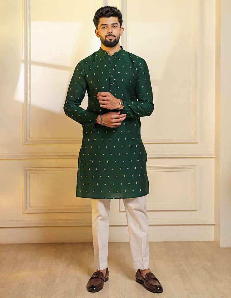 Green color stylish woven butti textured premium kurta payjama for men's