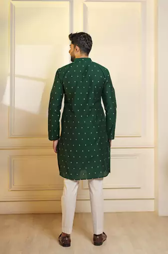 Green color stylish woven butti textured premium kurta payjama for men's