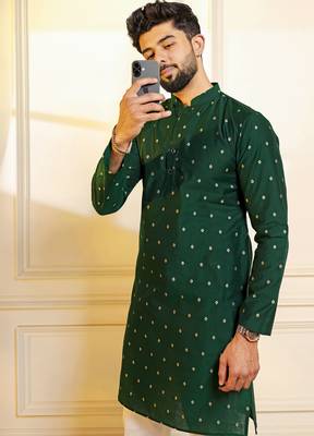 Green color stylish woven butti textured premium kurta payjama for men's 3