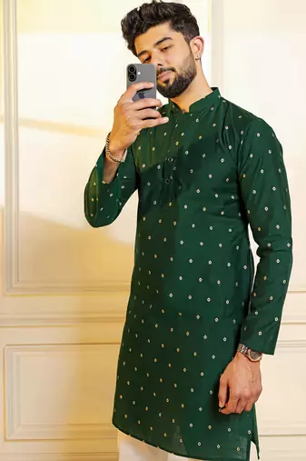 Green color stylish woven butti textured premium kurta payjama for men's