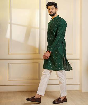 Green color stylish woven butti textured premium kurta payjama for men's 4