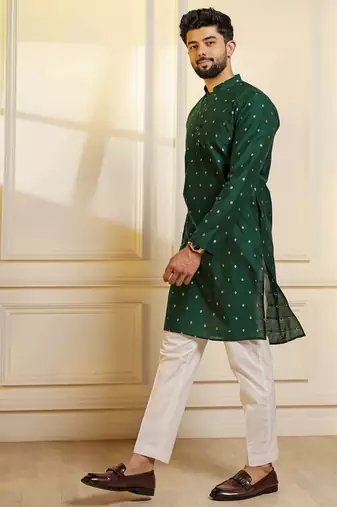 Green color stylish woven butti textured premium kurta payjama for men's