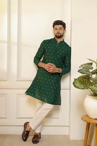 Green color stylish woven butti textured premium kurta payjama for men's