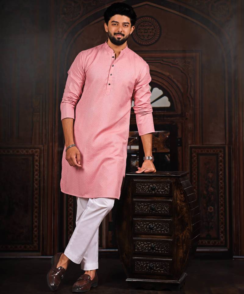 Pink color beautiful cotton fabric designer embroidery work ceremonial men's party attire