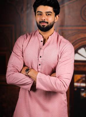 Pink color beautiful cotton fabric designer embroidery work ceremonial men's party attire 3