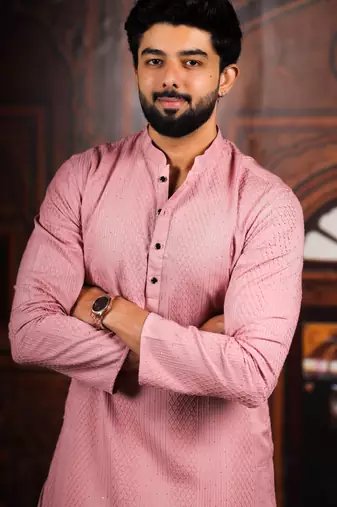 Pink color beautiful cotton fabric designer embroidery work ceremonial men's party attire