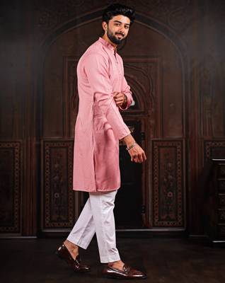 Pink color beautiful cotton fabric designer embroidery work ceremonial men's party attire 4